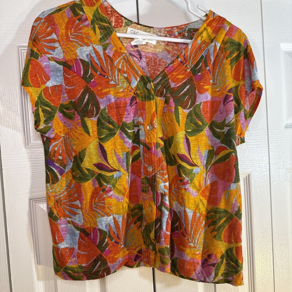 C&C California Women's Medium 100% Linen Button Shirt  Tropical Floral Sh Sleeve